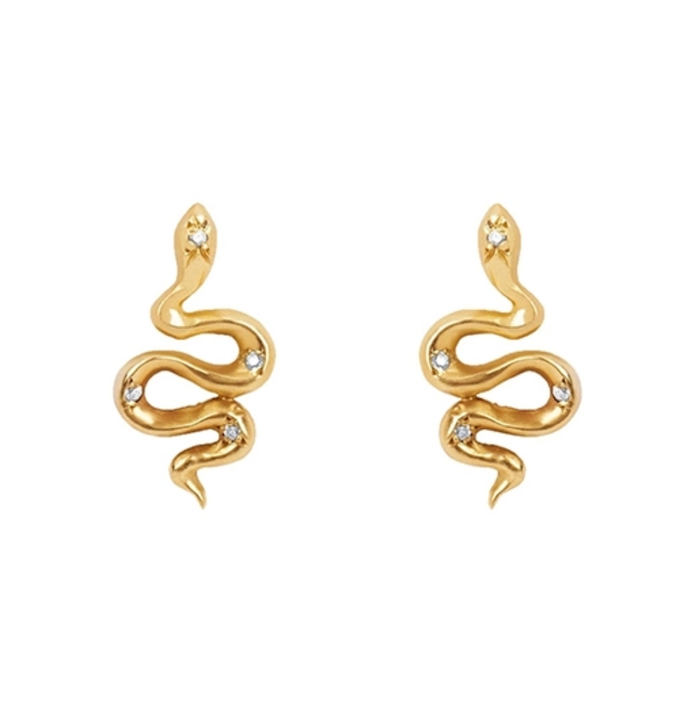 925 Sterling Silver Yellow Gold Snake Serpent Stacker Pair Zircon